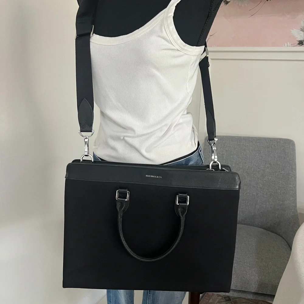 Maverick & Co Alpha Leather Trimmed Briefcase Black Work Travel Crossbody Strap